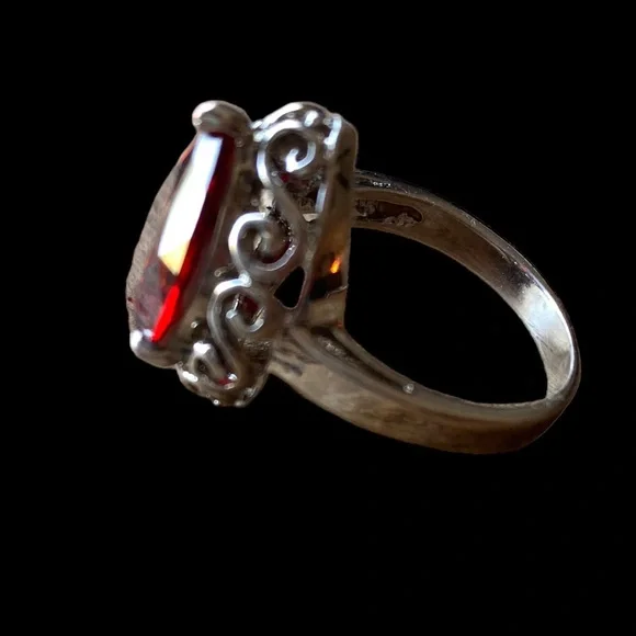 Garnet Amber Red Cz Silver Pear Shape Dinner Cocktail Ring Women’s Jewelry - Picture 11 of 12